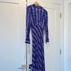 Sandro Paris long deep purple dress with mod dot pattern. Size 34.